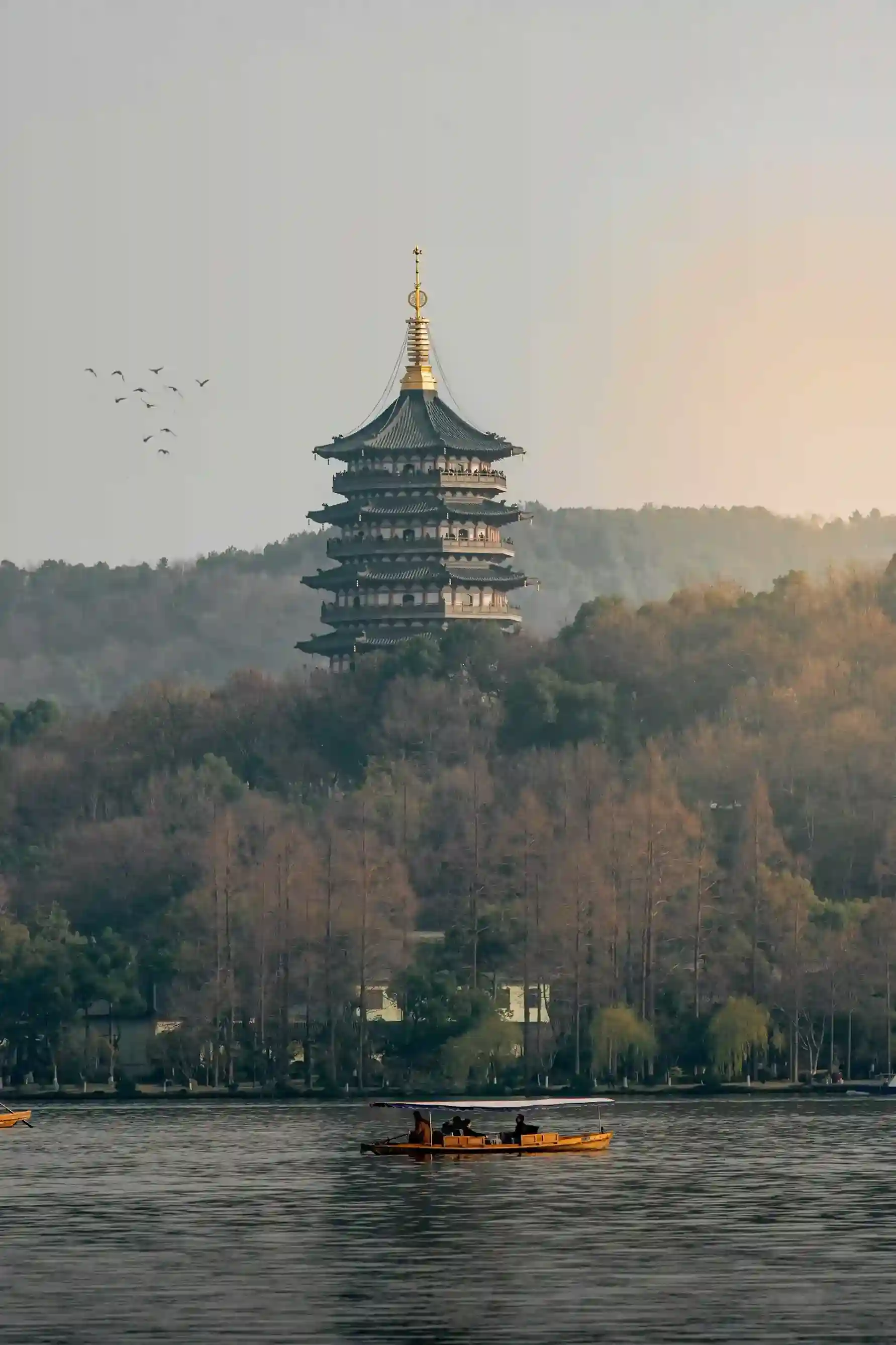 West Lake scenery in Hangzhou with temples and natural landscapes