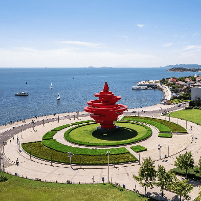 Qingdao coastline with beaches, historic architecture, and city skyline