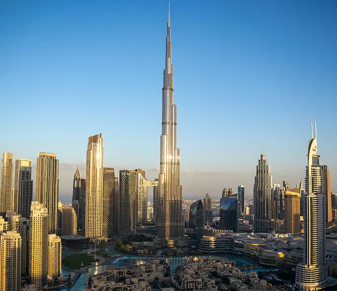 Aerial daytime view of the Burj Khalifa towering over Downtown Dubai