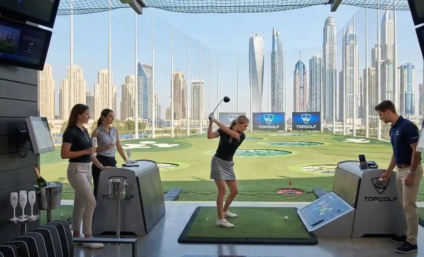 Golfer teeing off at TopGolf Dubai driving range with the city skyline behind