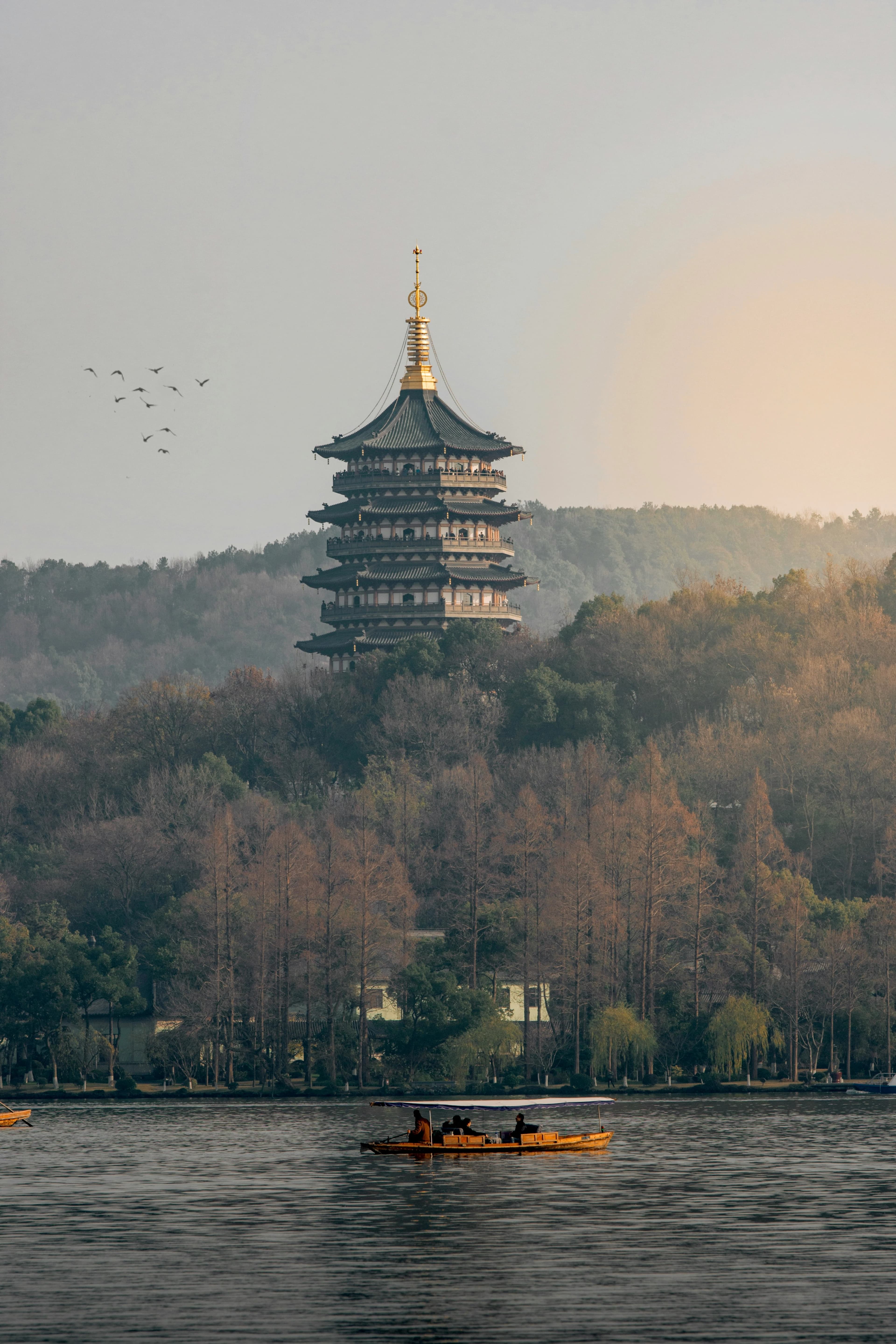 West Lake scenery in Hangzhou with temples and natural landscapes