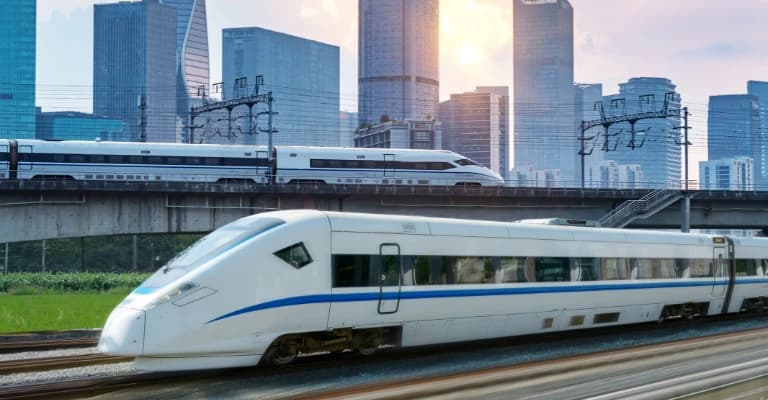 China high-speed bullet train traveling through modern rail network at high speed