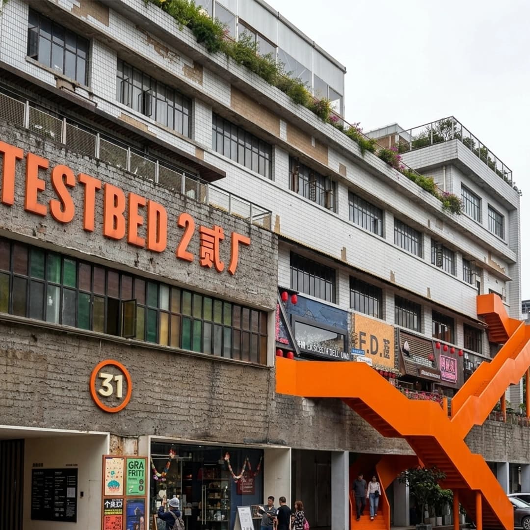 E-Ling Second Factory Cultural Park Chongqing with art spaces, cafes, and city skyline views