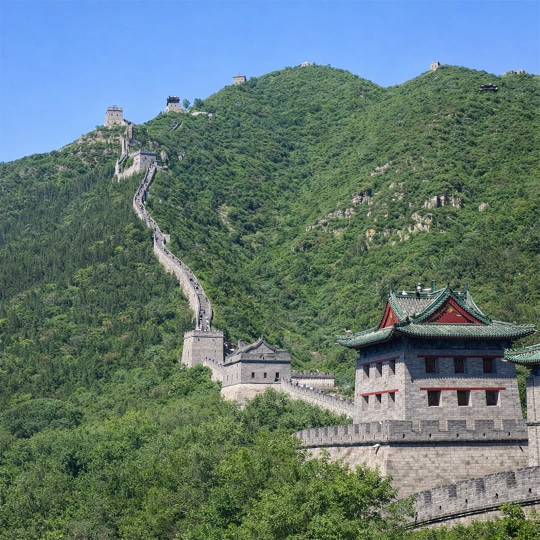 Great Wall of China stretching across mountains with stone pathways and scenic landscape views
