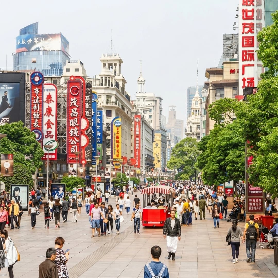 Nanjing Road Shanghai busy shopping street with neon lights, crowds, and retail stores