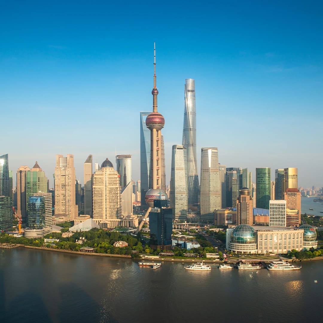 Oriental Pearl Tower in Shanghai skyline with modern skyscrapers and observation spheres