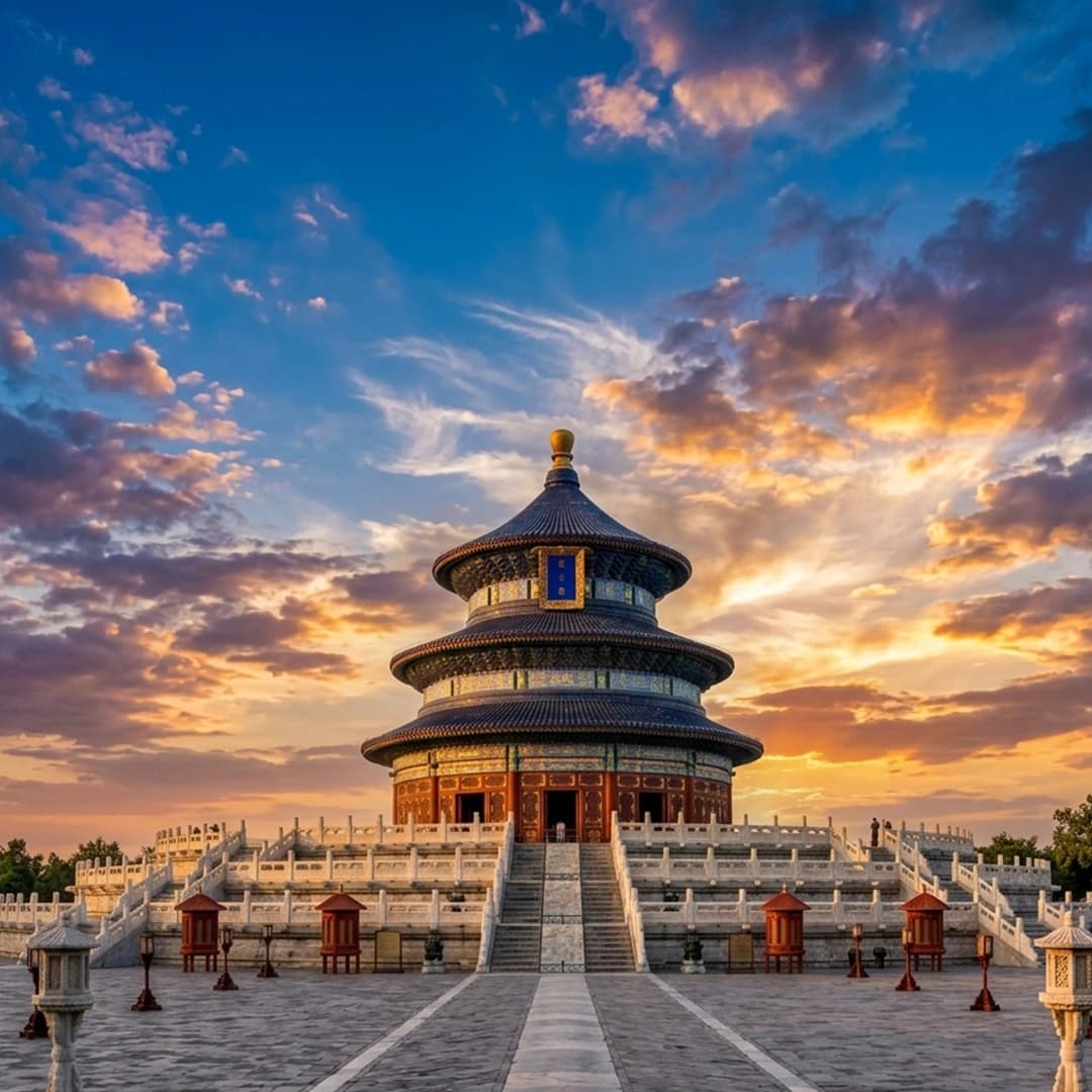 Temple of Heaven Beijing with circular blue-roofed hall and surrounding park landscape