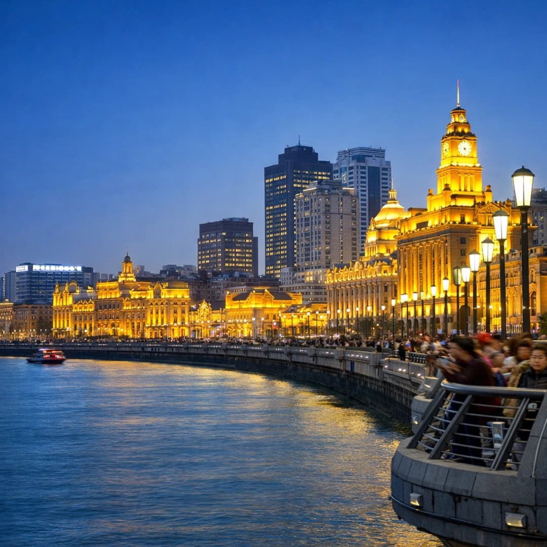 The Bund waterfront in Shanghai with historic colonial buildings along Huangpu River skyline