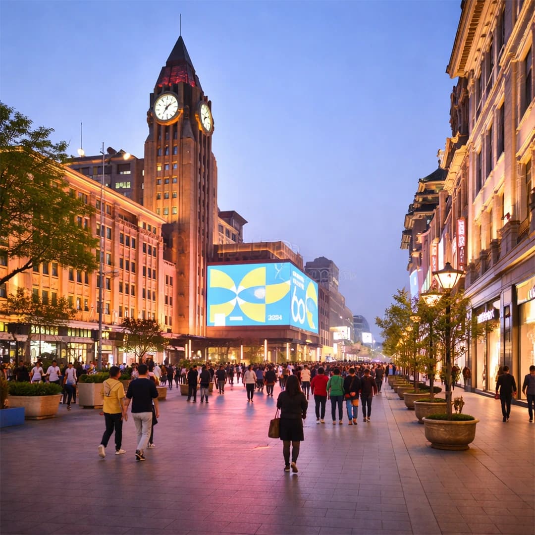 Wangfujing Pedestrian Street Beijing with busy shopping area, street food stalls, and bright city lights