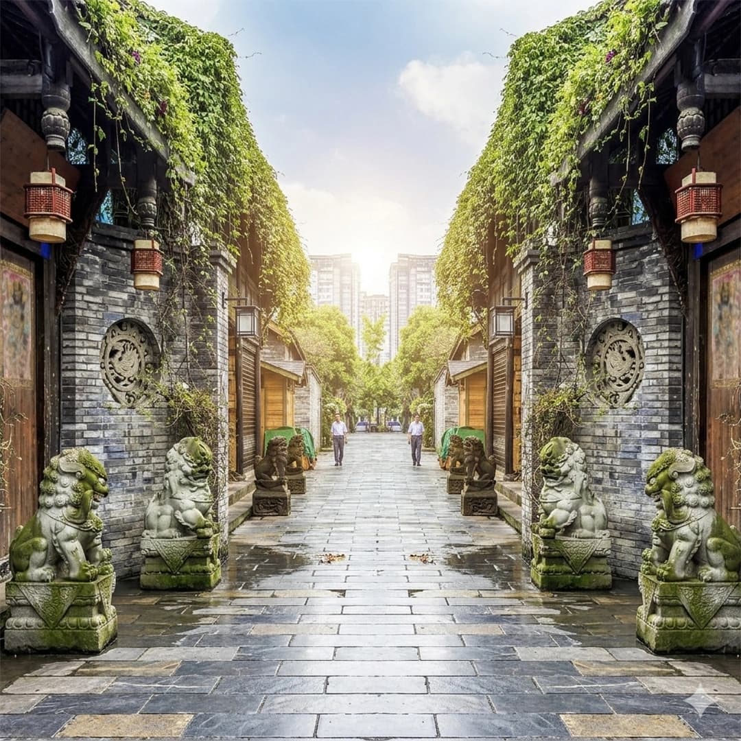Kuanzhai Alley Chengdu with traditional Chinese buildings, lanterns, shops, and street food stalls