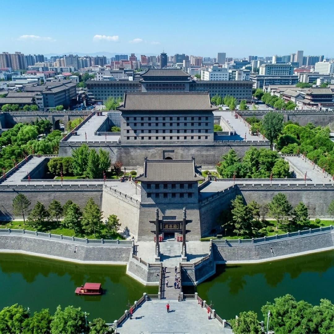 Xi’an Ming City Wall with ancient stone fortifications, cycling path, and panoramic city views