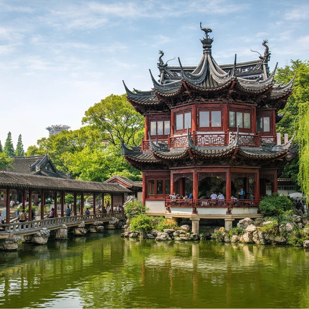 Yu Garden in Shanghai with classical Chinese pavilions, ponds, and traditional Old City architecture