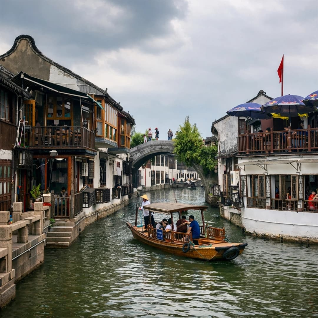 Zhujiajiao water town near Shanghai with canals, stone bridges, and traditional houses
