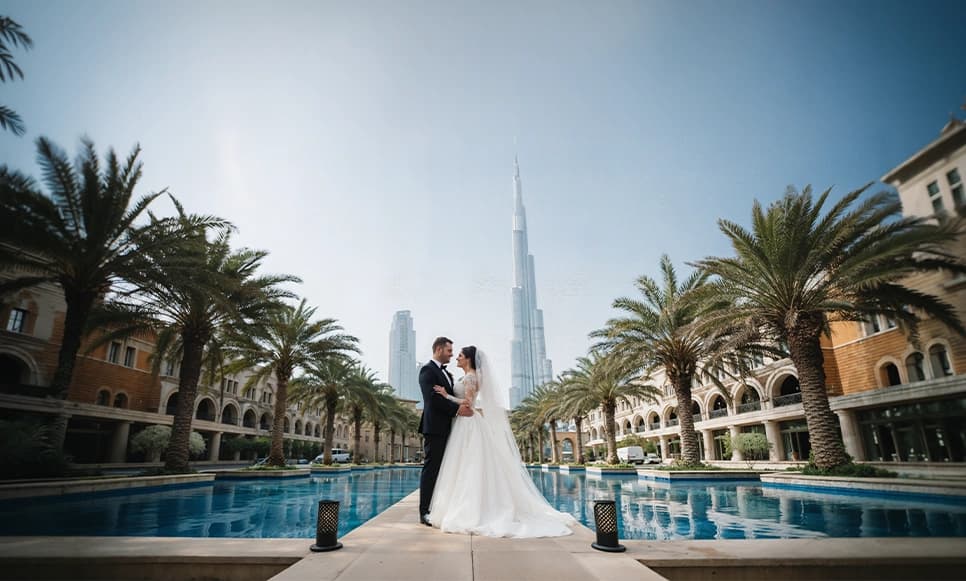 Luxury destination wedding setup in the UAE with elegant decor and scenic backdrop