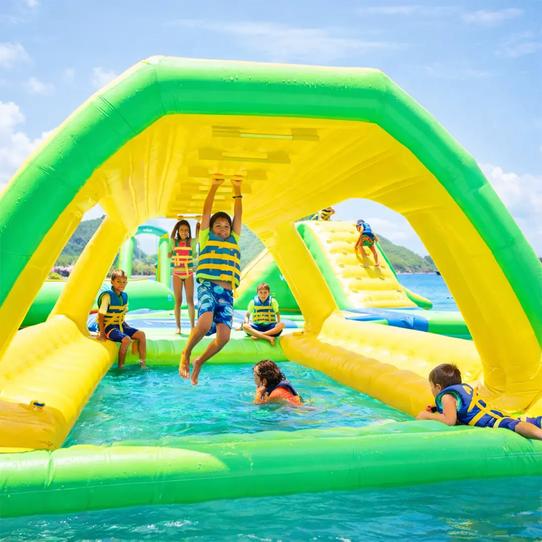 Aqua Bounce inflatable floating water park on Ajman beach