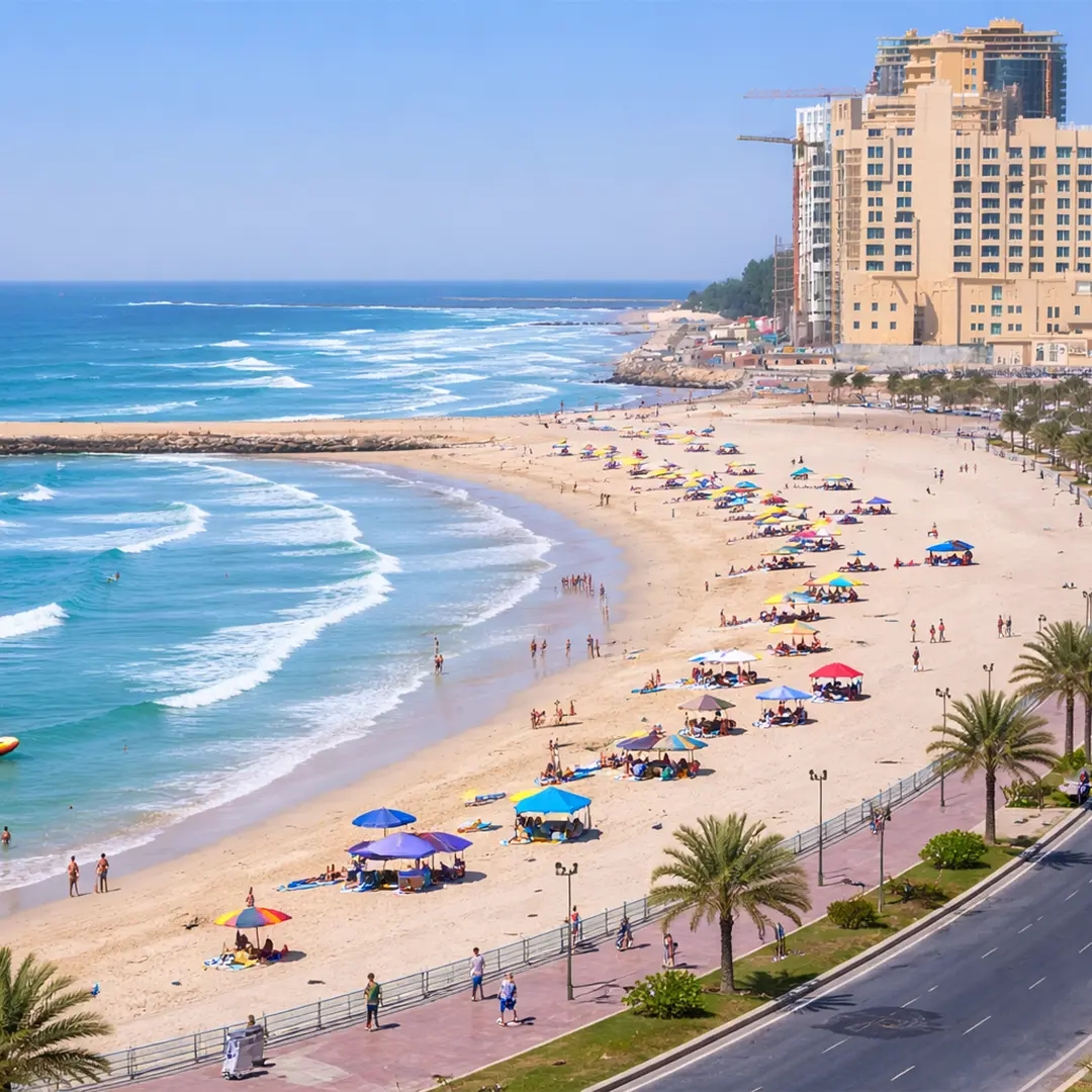 Ajman coastline with city skyline and Arabian Gulf waterfront