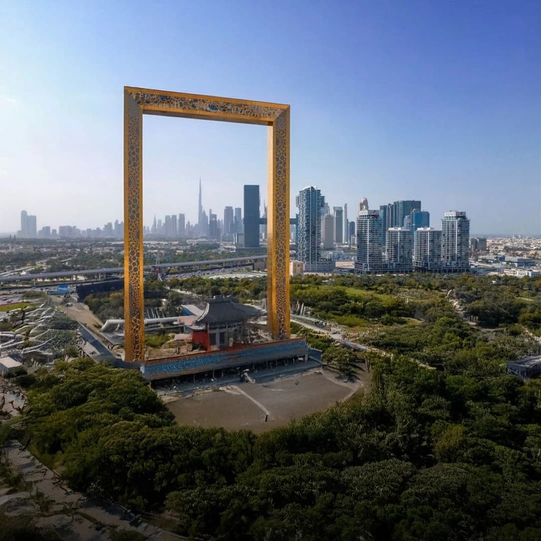 Dubai Frame landmark showing views of old and new Dubai skyline