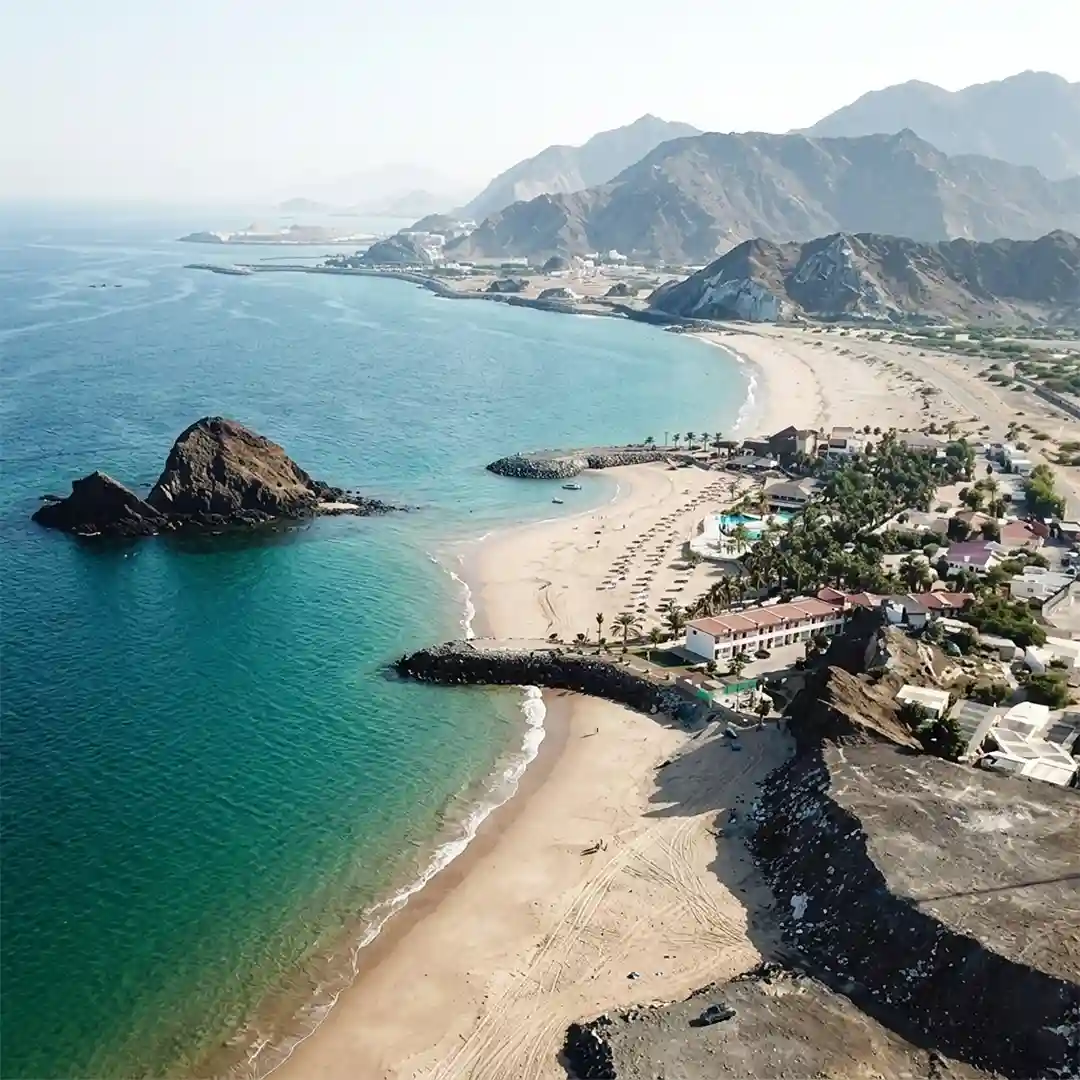 Fujairah coastline with mountains and Arabian Gulf shoreline
