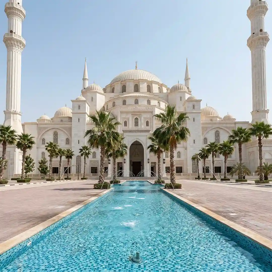 Sheikh Zayed Mosque Fujairah with grand white domes and Islamic architecture