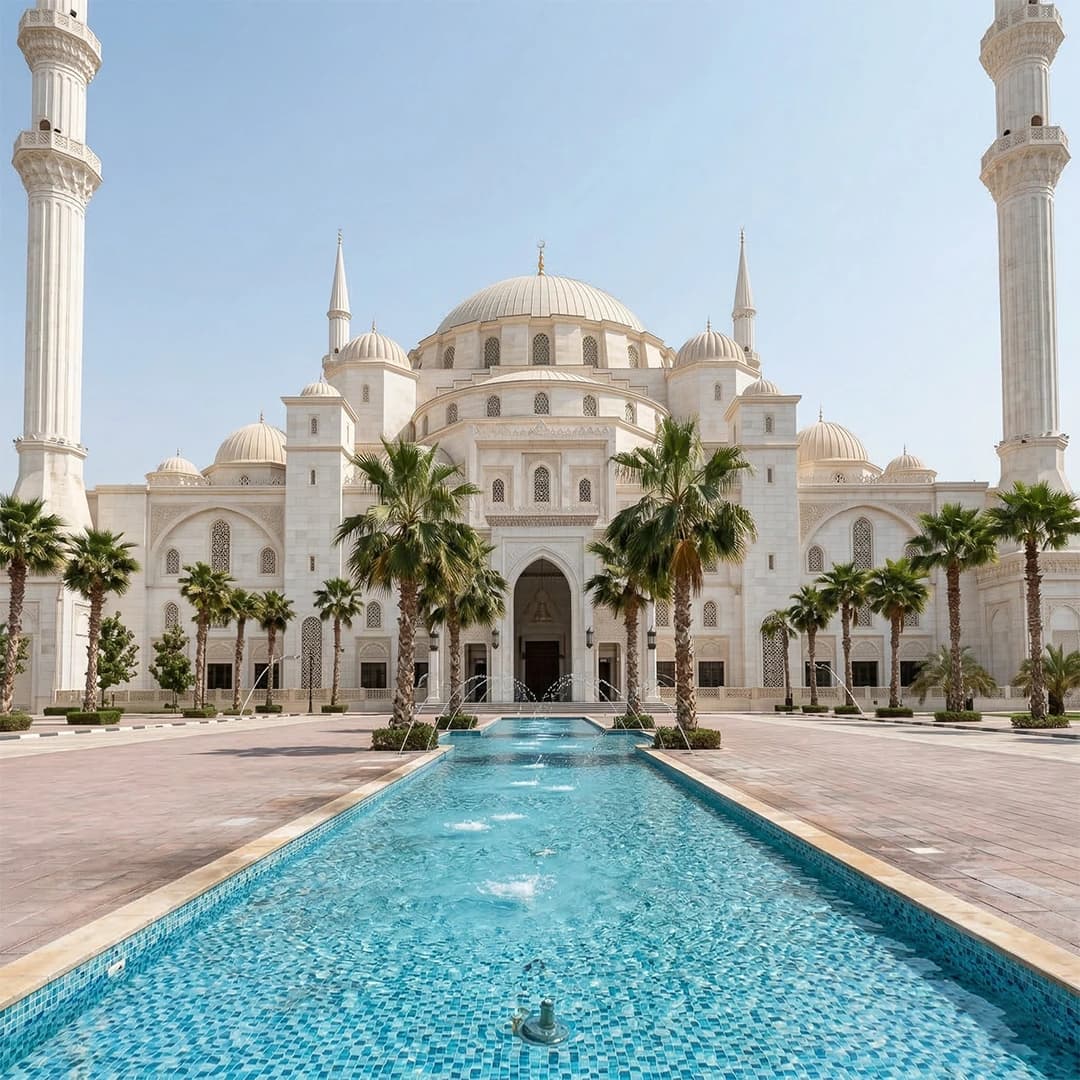 Sheikh Zayed Mosque Fujairah with grand white domes and Islamic architecture