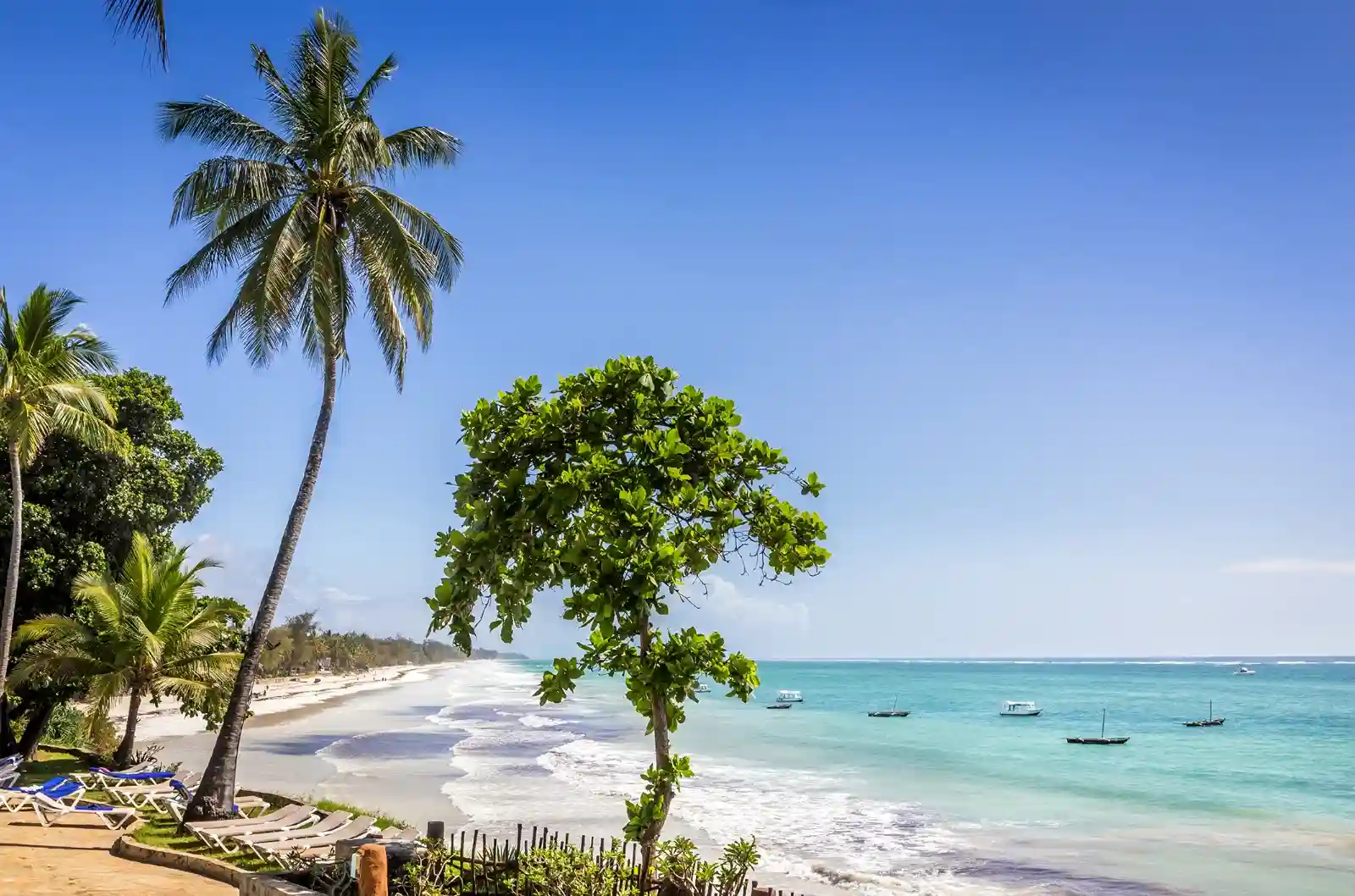 Diani Beach and Mombasa coastline Kenya with white sand beaches and turquoise ocean