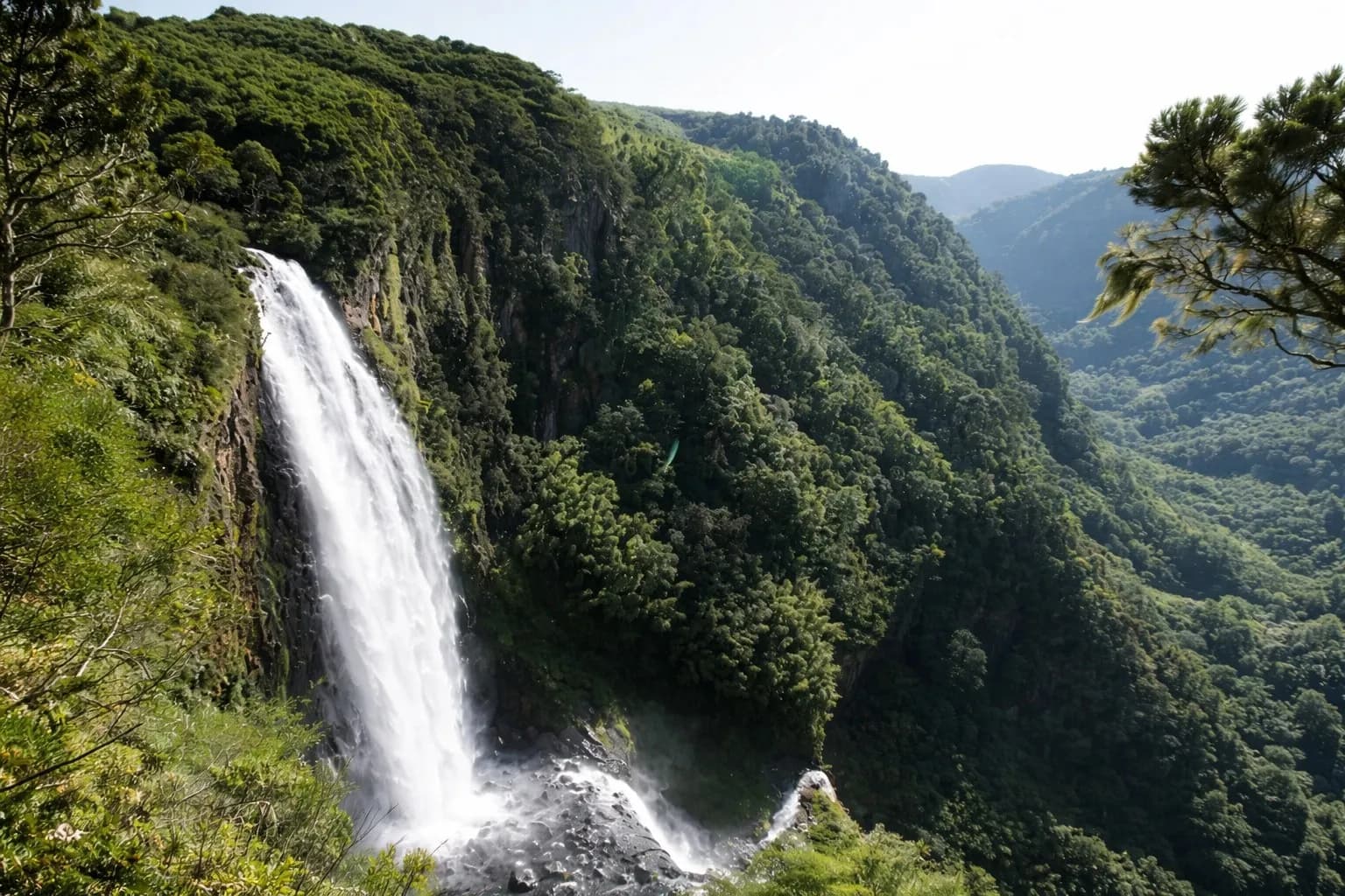 Dense forest landscape and waterfalls in Aberdare National Park, Kenya