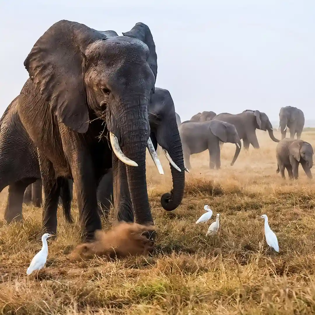 Elephants walking in Amboseli National Park with Mount Kilimanjaro in the background