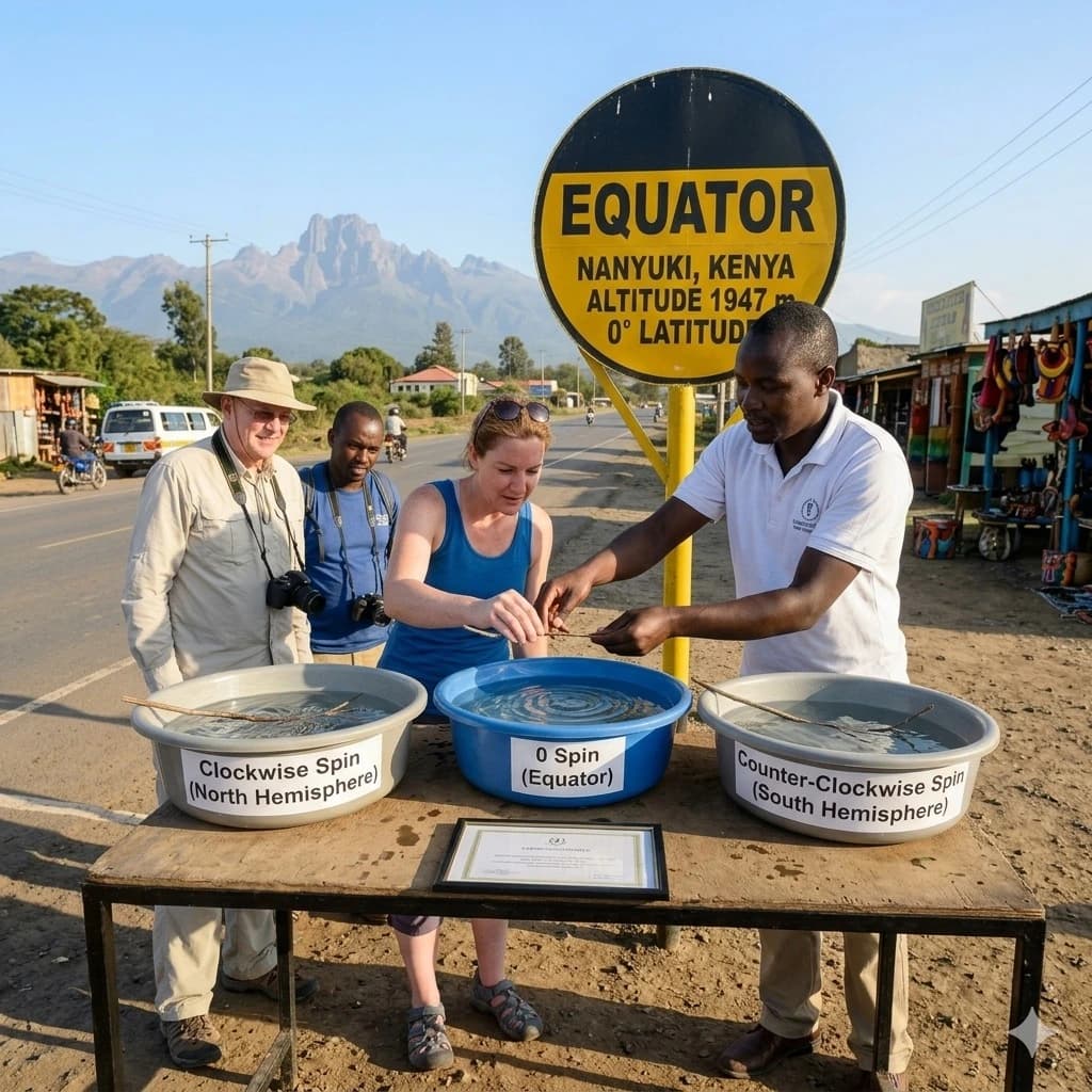 Tourists standing on the Equator line marker in Kenya