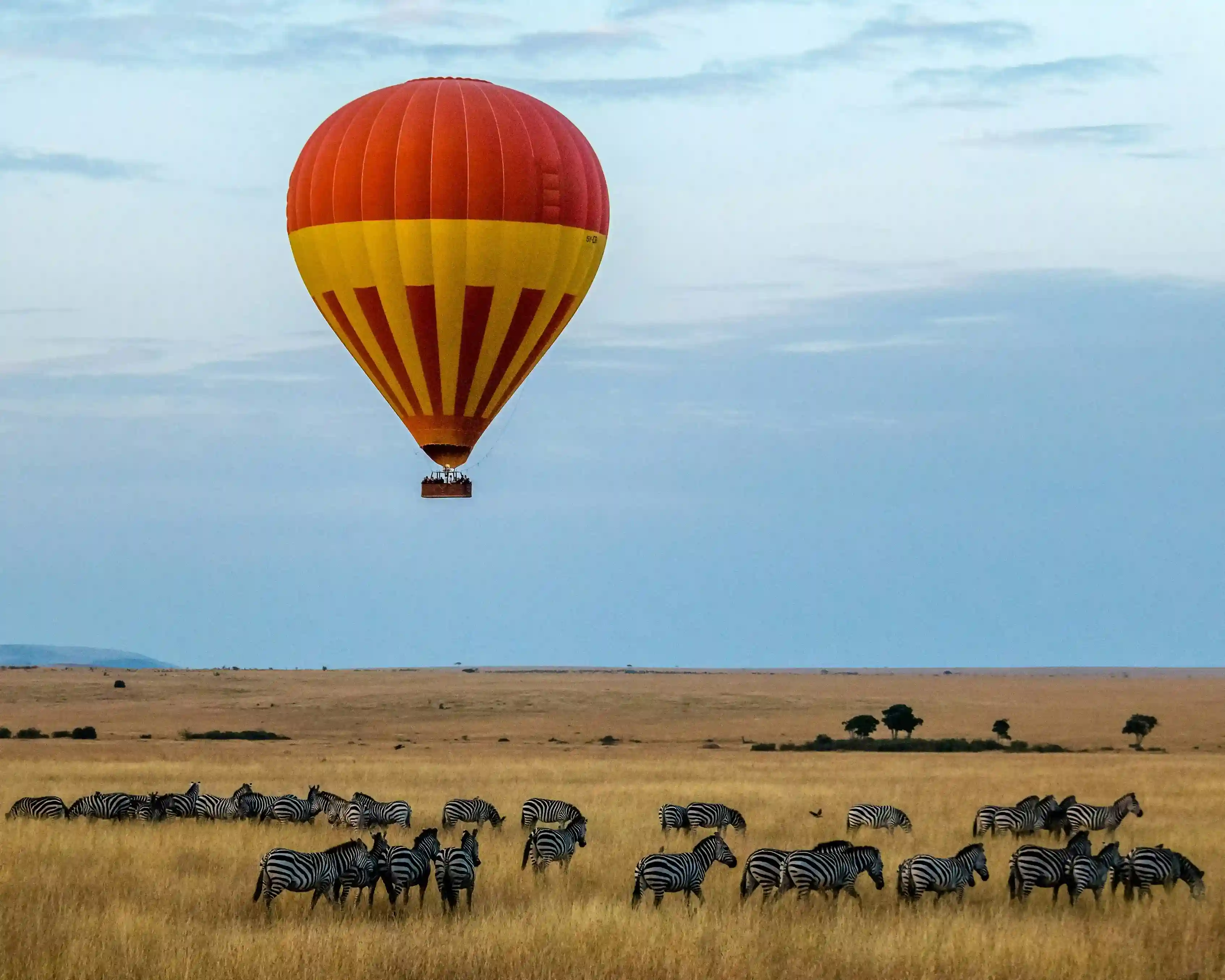 Hot air balloon flying over Masai Mara at sunrise with wildlife below