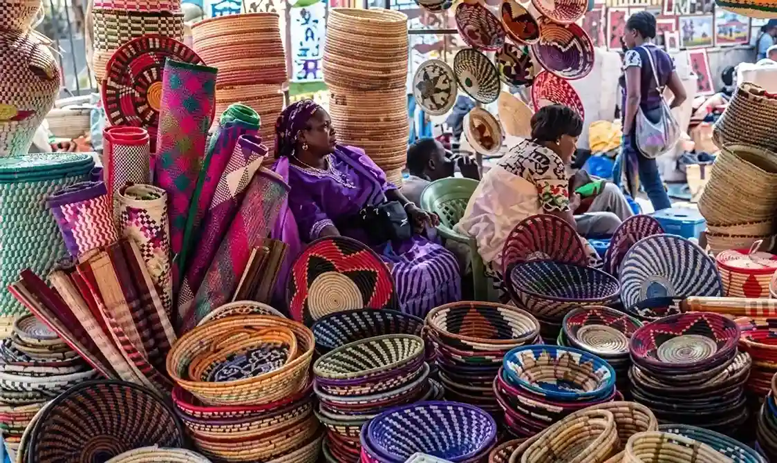 Busy Nairobi local market with handmade crafts, street vendors, and vibrant nightlife atmosphere