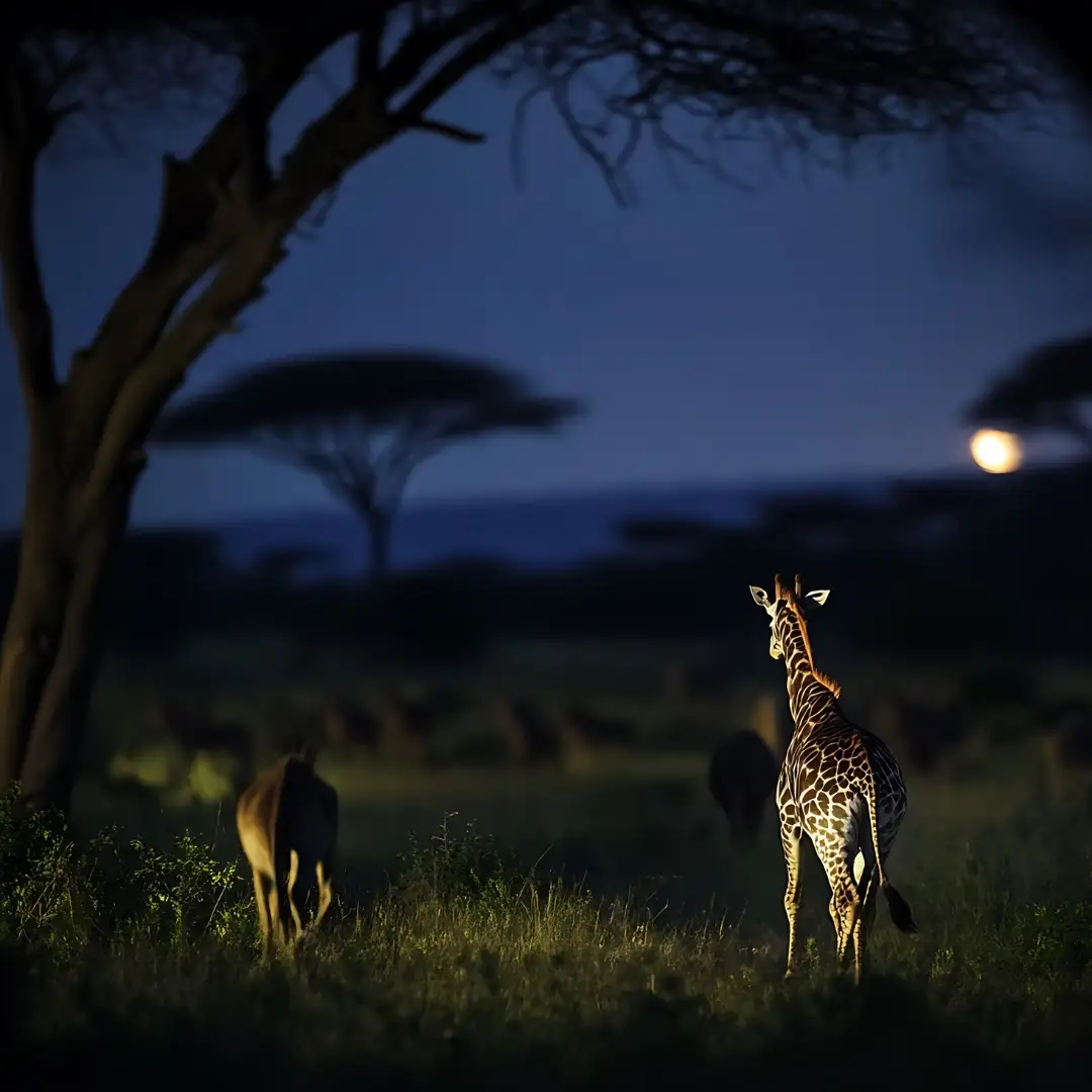 Nocturnal wildlife at waterhole under floodlights in Aberdare National Park