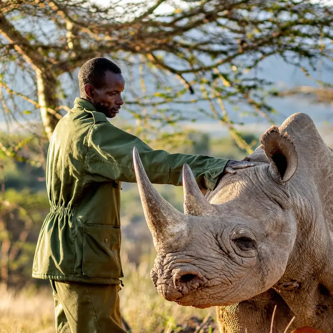 Endangered rhinos roaming the private wilderness of Ol Jogi Wildlife Conservancy surrounded by vast savannah landscapes