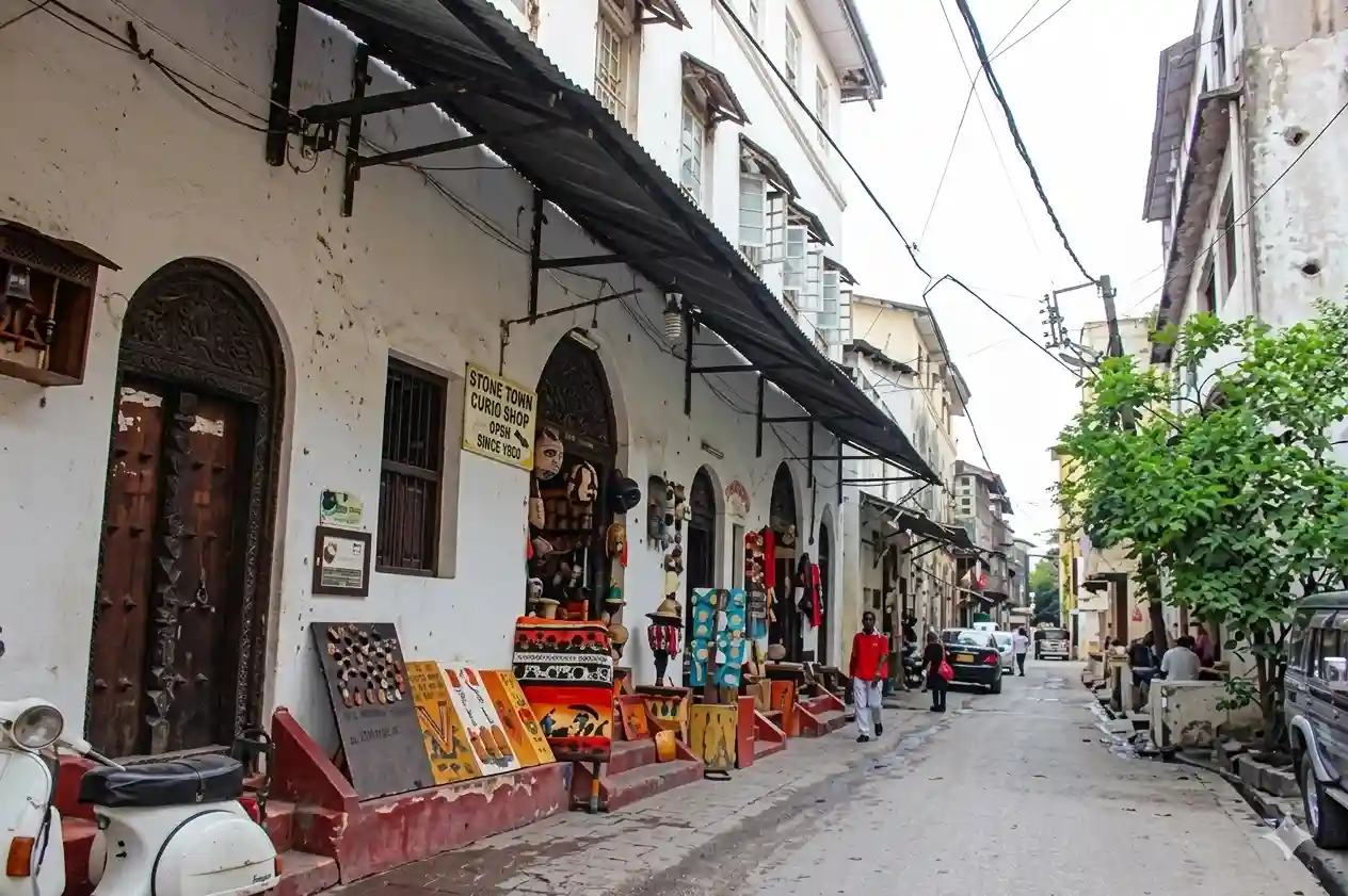 Narrow streets of Mombasa Old Town with Swahili architecture and carved wooden doors