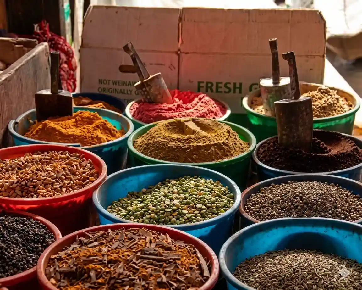 Colorful spice market in Mombasa with fresh spices, herbs, and local vendors