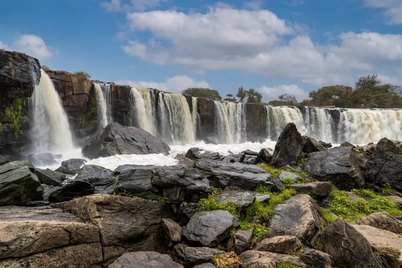 Red elephants in Tsavo National Park with dry savannah and rugged terrain