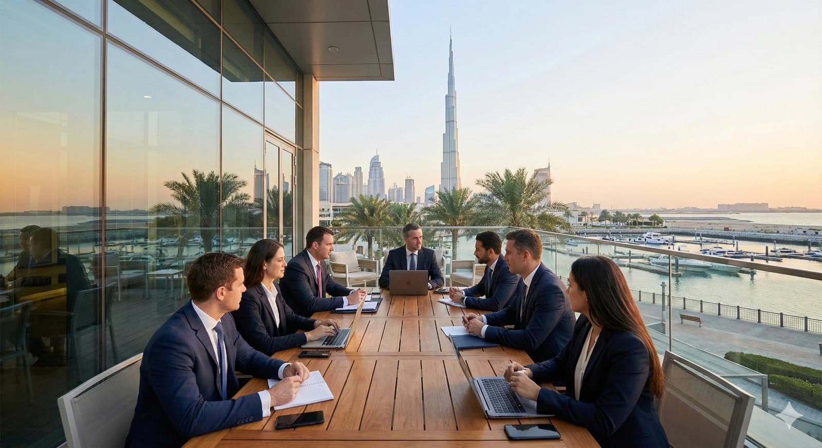 Business meeting setup with conference tables and presentation screen