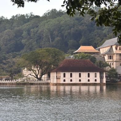 Kandy Lake surrounded by cultural landmarks in Sri Lanka