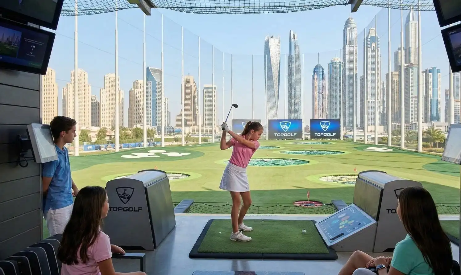 Golfers playing on premium Dubai golf course with skyline view