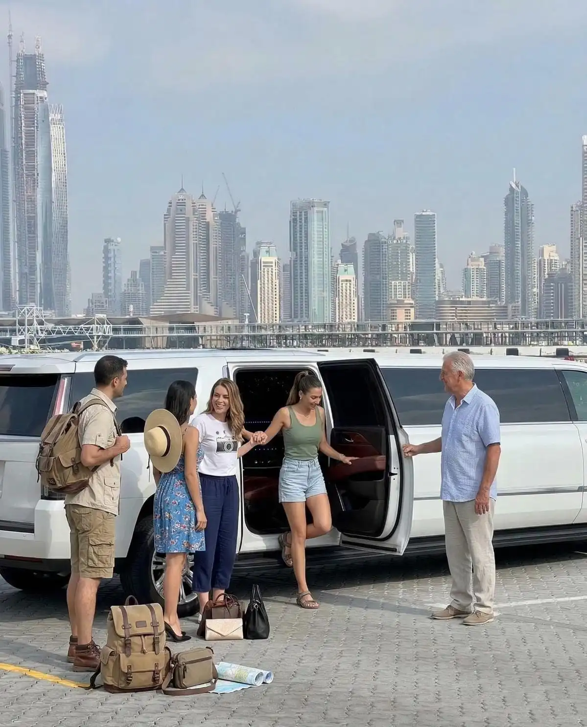 Luxury limousine sightseeing tour passing Dubai city landmarks