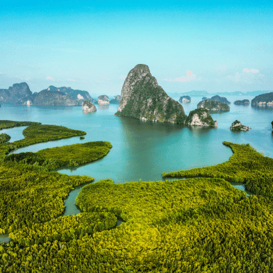 Sunrise over the limestone karsts of Phang Nga Bay from Samet Nangshe Viewpoint