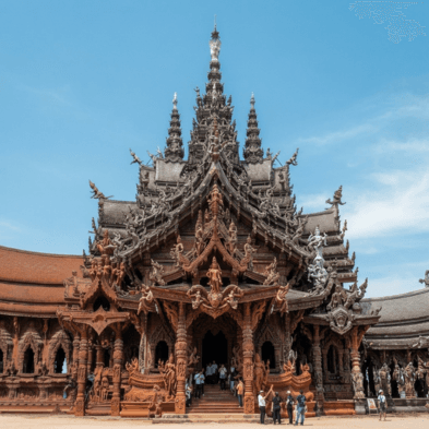 Sanctuary of Truth wooden temple with intricate carvings in Pattaya