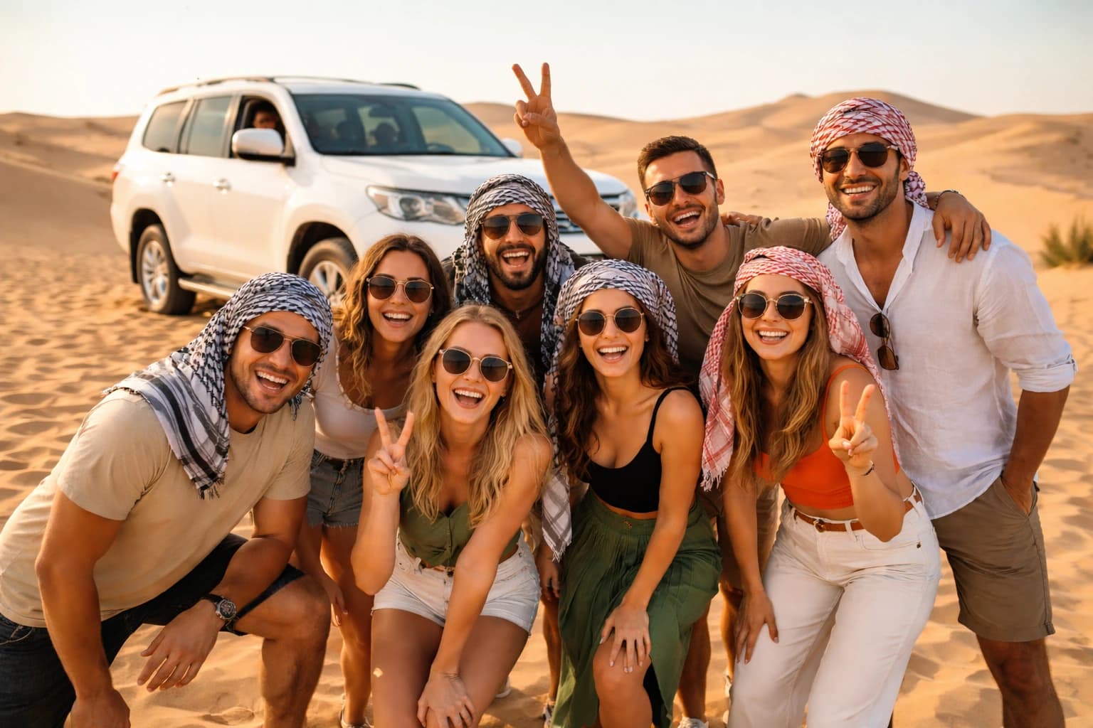 Dubai desert safari with dune bashing vehicles and golden sand dunes at sunset