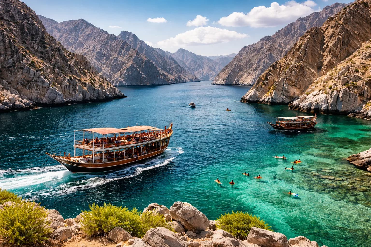 Musandam Dibba coastline with turquoise waters, fjords, and traditional dhow boats