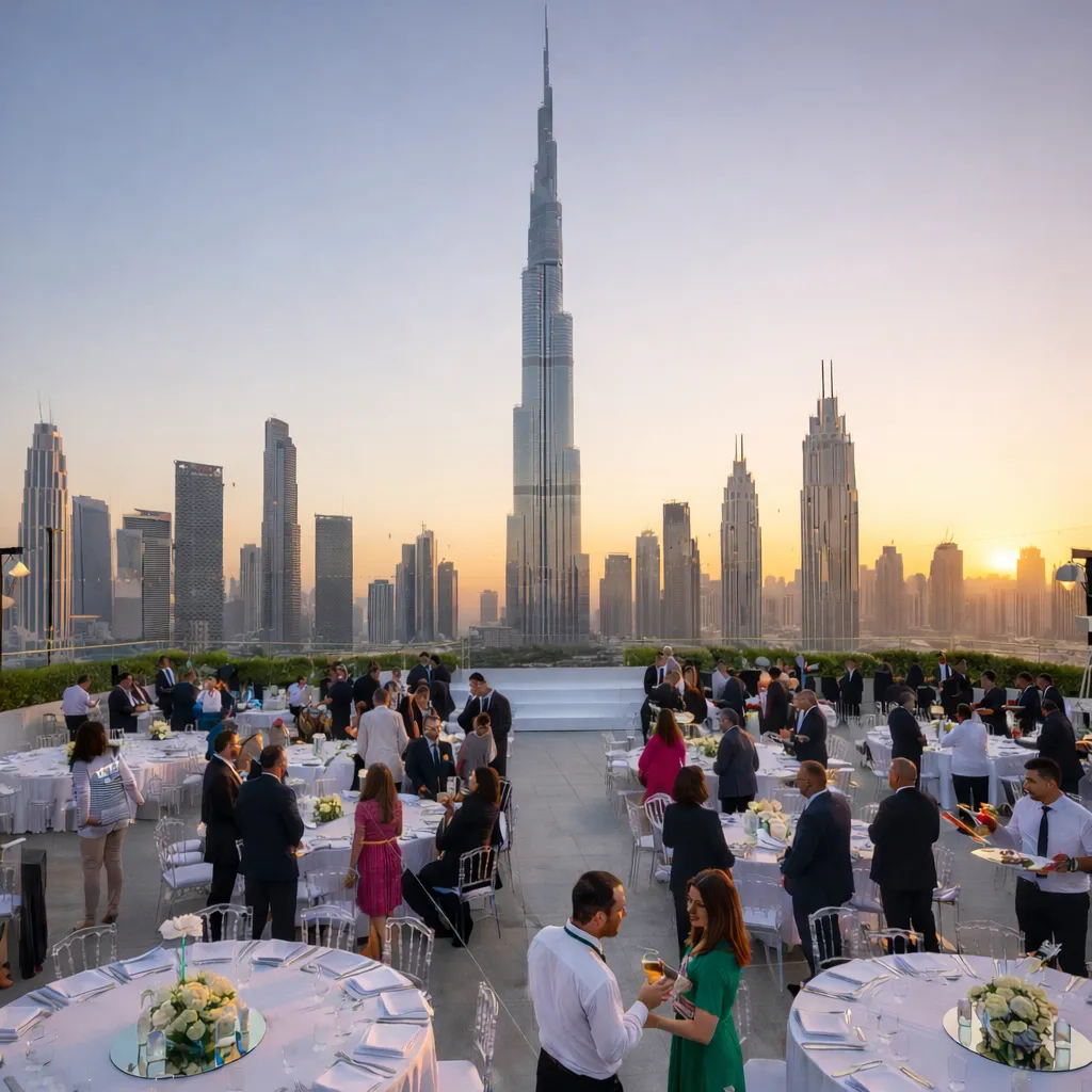 Busy international airport in the UAE with aircraft and terminals, highlighting global connectivity for business travel and events