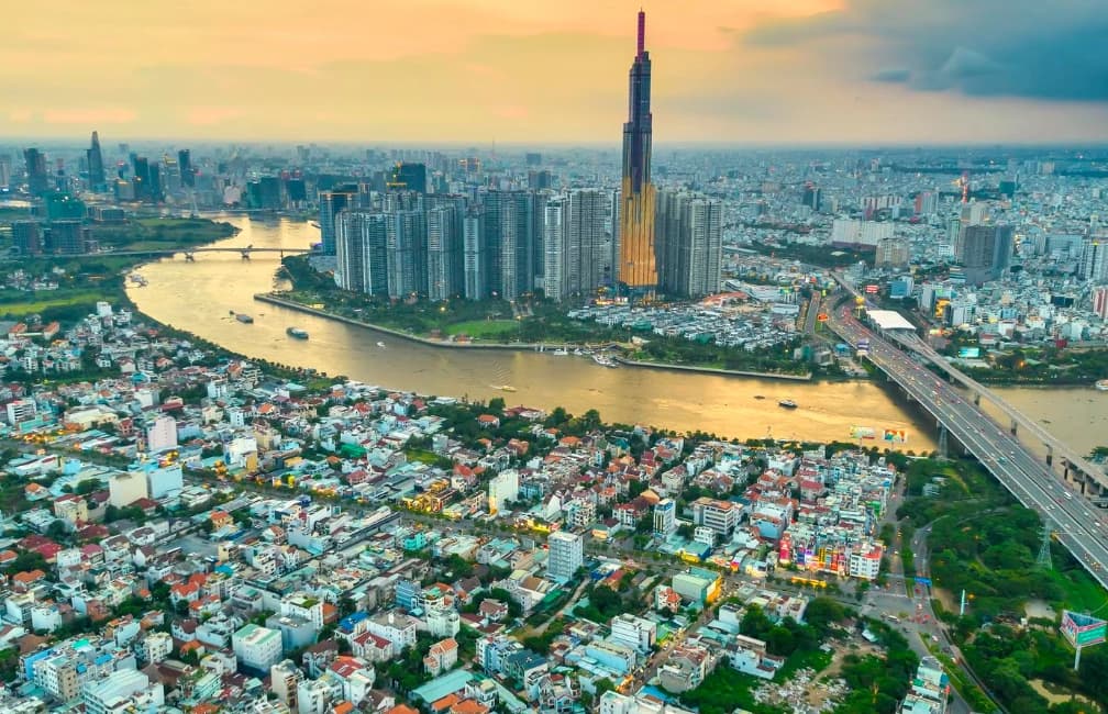 Modern skyline and busy streets in Ho Chi Minh City, Vietnam