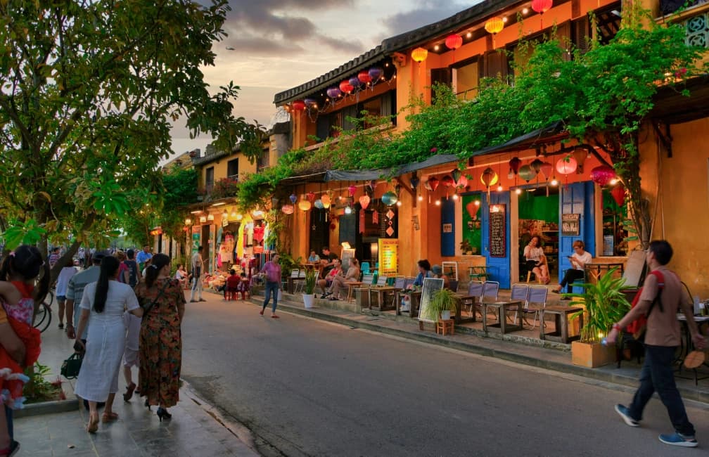 Colorful lantern streets and riverside view in Hoi An, Vietnam