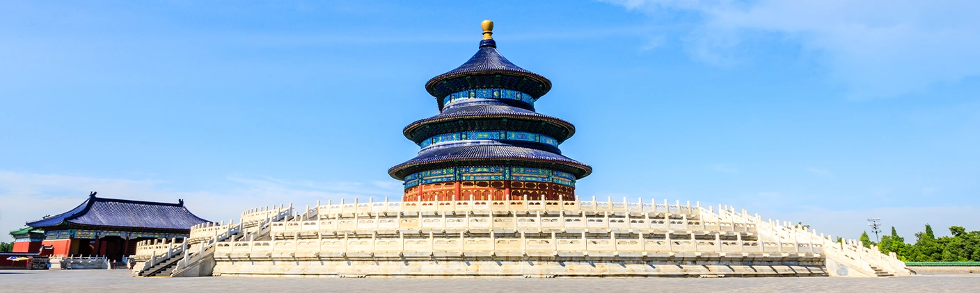 China travel banner with famous landmarks, city skylines, and cultural attractions