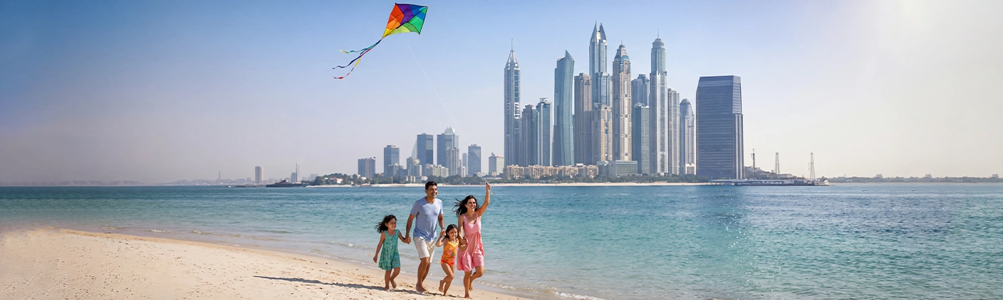 Family vacation in UAE featuring Dubai skyline, theme parks, beaches and safe family-friendly attractions